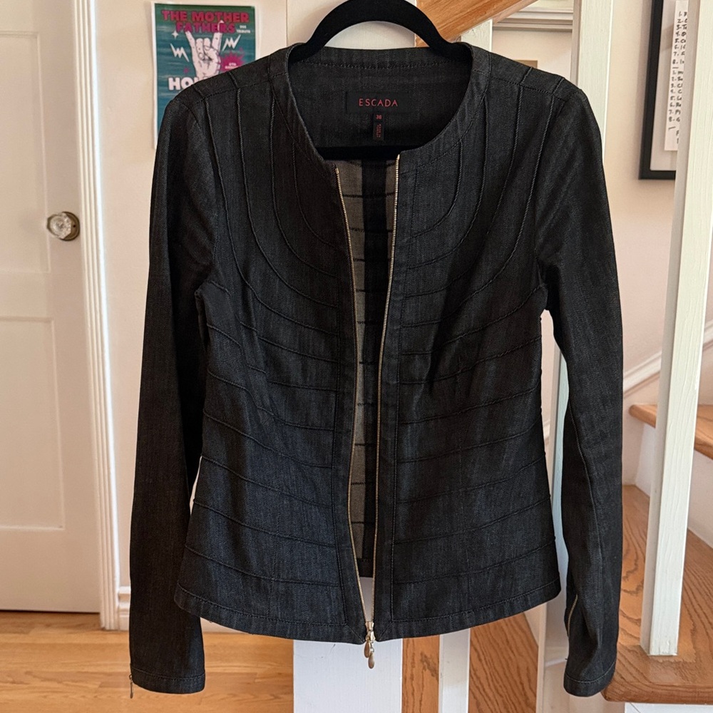 Escada Black Denim Zip Up Jacket Size 36 Scalloped